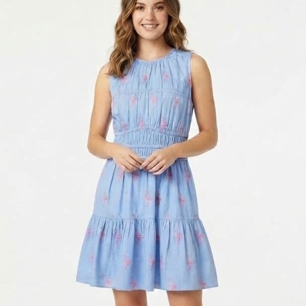 NWT Free Assembly Blue Pink Flamingo Smocked Mini Dress Sleeveless Tiered L